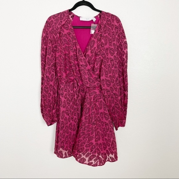 IRO Tiestina Leopard Print Mini Dress Red Pink Party Evening Long Sleeve Wrap - Picture 2 of 14